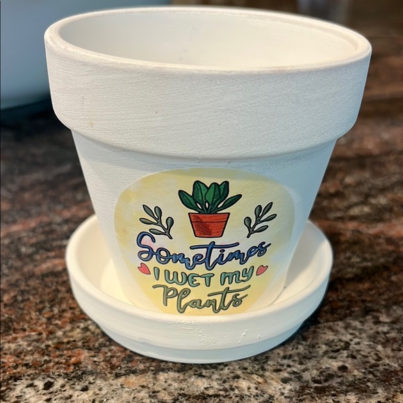 2.75 inch White Ceramic Mini Planter with Saucer/ Sometimes I wet my plants - Picture 2 of 8